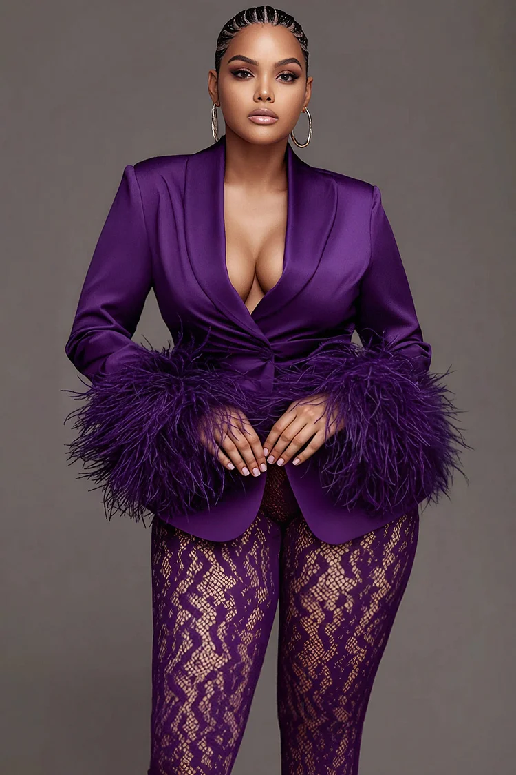 Xpluswear Design Plus Size Mardi Gras Lace Purple Lapel Collar Long Sleeve Feather See Through Satin Two Piece Pant Suits [Pre-Order]