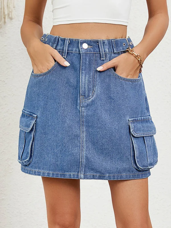 Adjustable Elasticity Pockets Split-Joint High Waisted Loose Skirts Bottoms