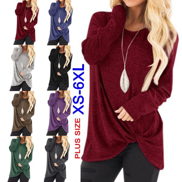 Plus Size XS-6XL Autumn and Winter Women Casual Solid Color O-Neck Long Sleeve Tops Irregular Front Knot Tie Shirts Ladies Fashion Loose Cotton Blouse T-Shirts - Life is Beautiful for You - SheChoic