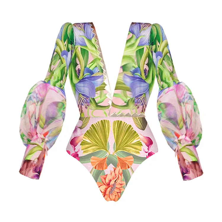 V-neck Long Sleeve Flowers Printed One Piece Swimsuit and Skirt Flaxmaker