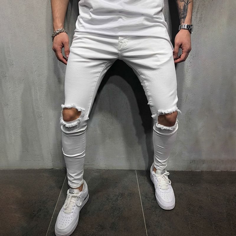 Solid Color Hole Tight Casual Men's Leggings