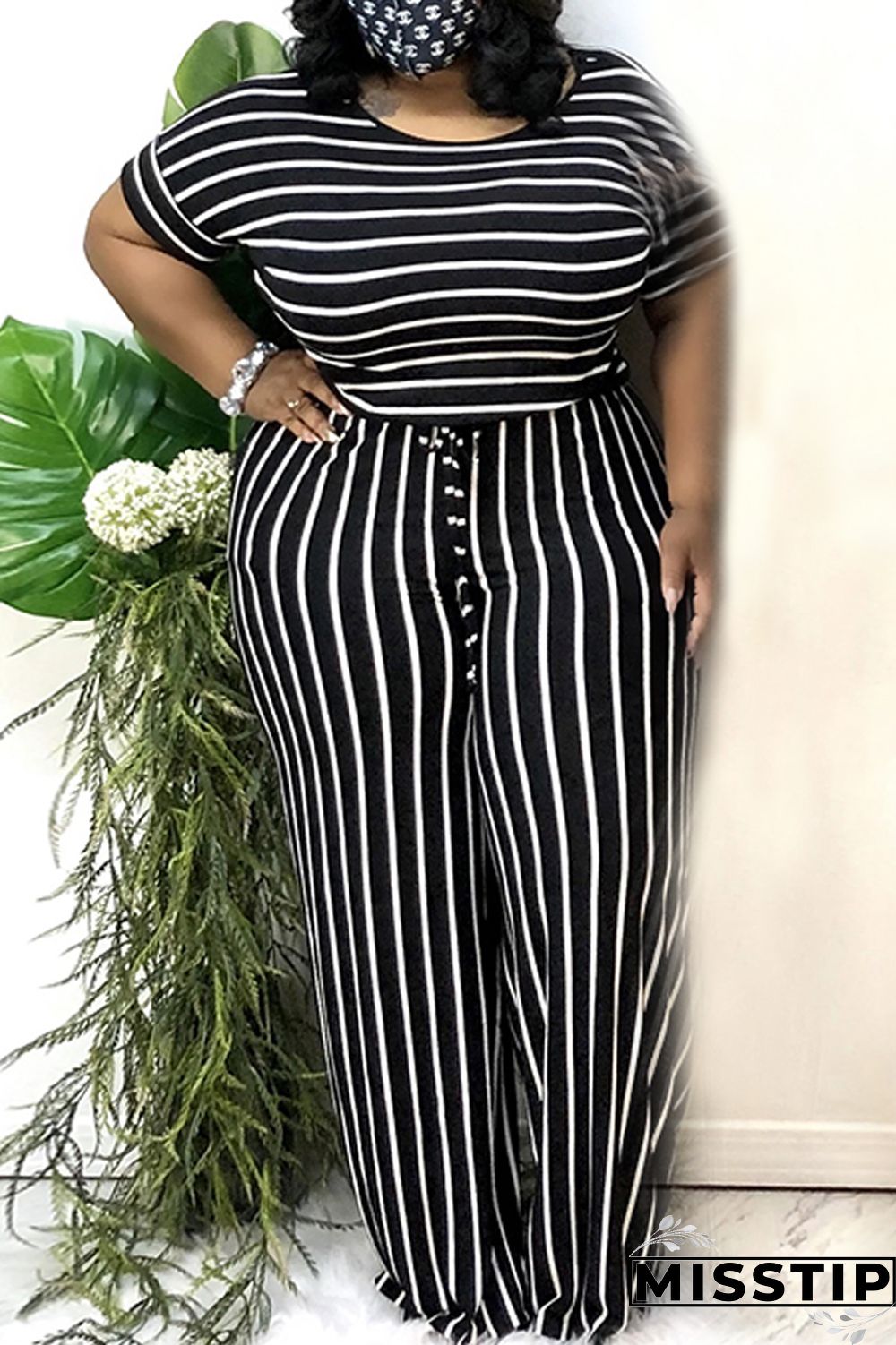 Light Blue Sexy O Neck Striped Print Stripe Plus Size