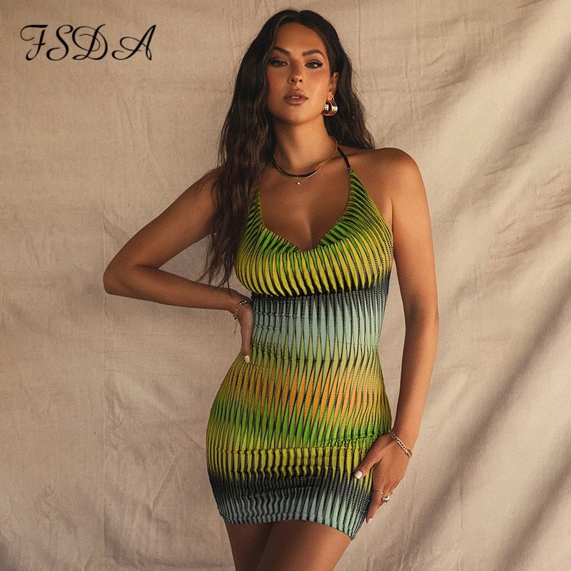 FSDA Summer Sexy Mesh Bodycon Dress Women Mini Sleeveless Backless 2021 Off Shoulder Party Halter Neck Dresses