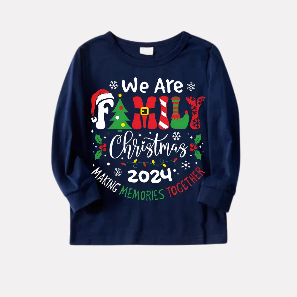 "We are Family" 2024 Christmas Wreath - Blue Long Sleeve Top with Blue & Red Plaid Family Matching Pajamas