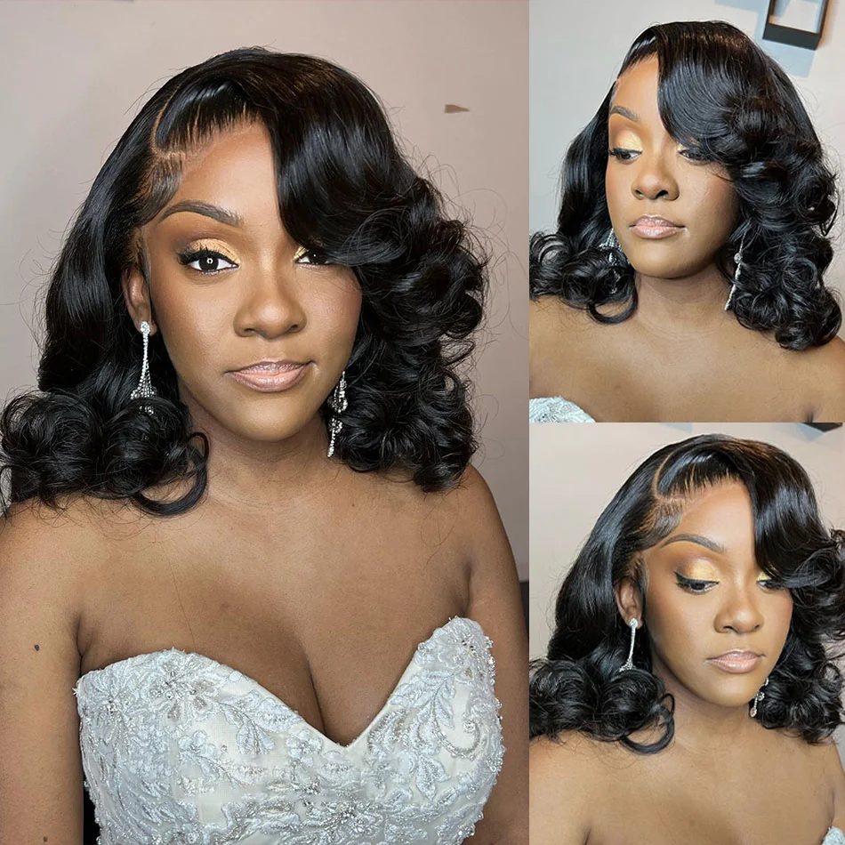 Body Wave Wavy Short Bob Wig Lace Front Hair Black ELCNEPAL