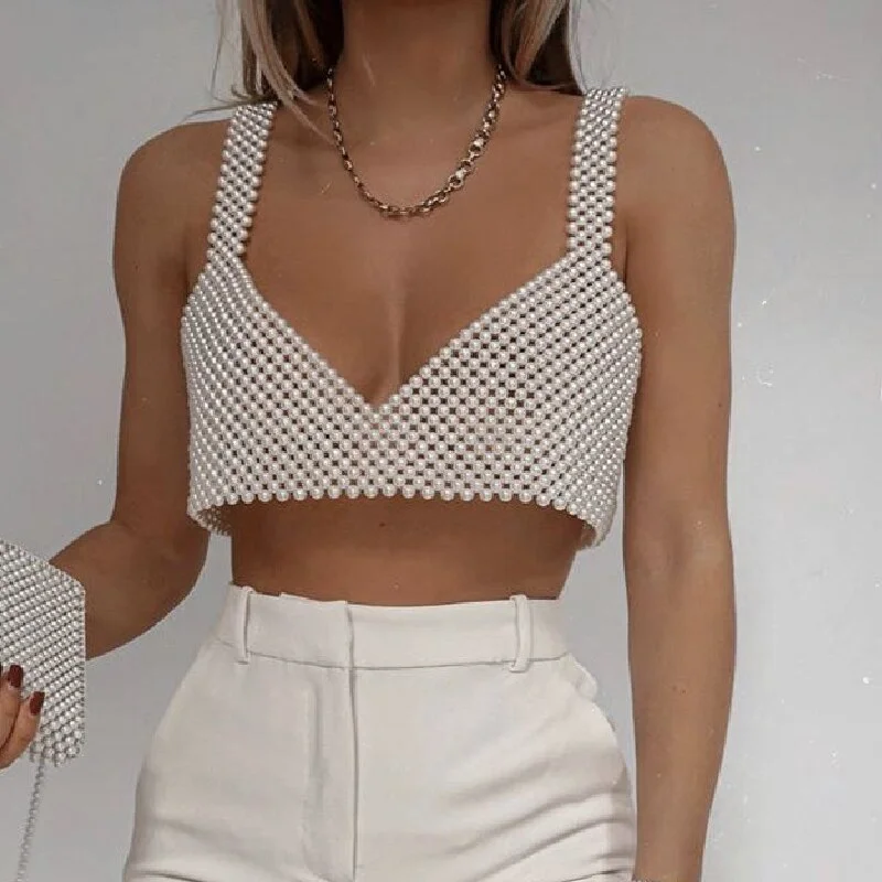 Elegant Lady Pearl fashion Crop Top Fishnet Hollow Out Camisole Summer Beach Holiday Cover-ups Women Sleeveless Backless Vest