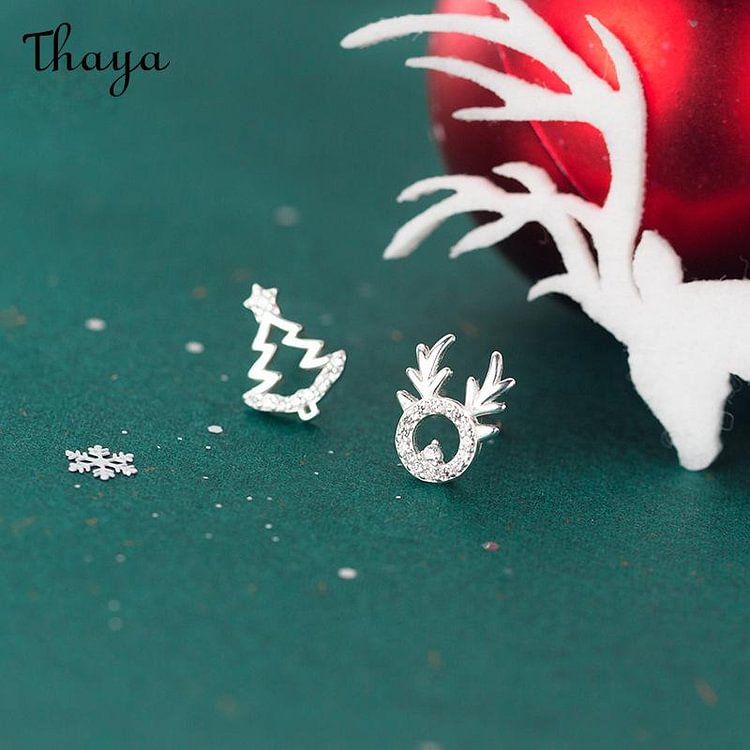 Thaya 925 Silver Asymmetrical Diamond-encrusted Elk Christmas Tree  Earrings