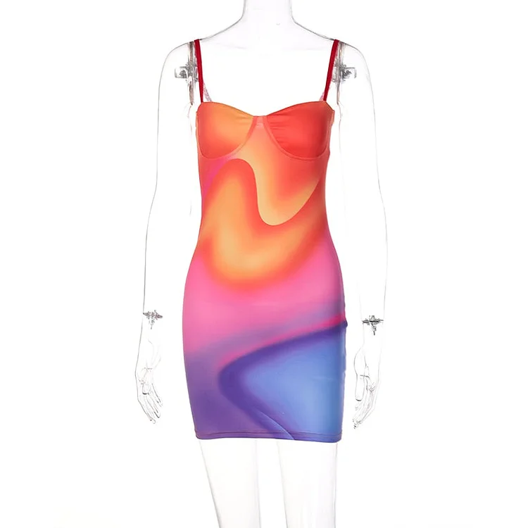 Hugcitar Tie Dye Print Sleeveless Backless Adjustable Slip Sexy Dress 2021 Summer Women Fashion Streetwear Outfits Club Clothing