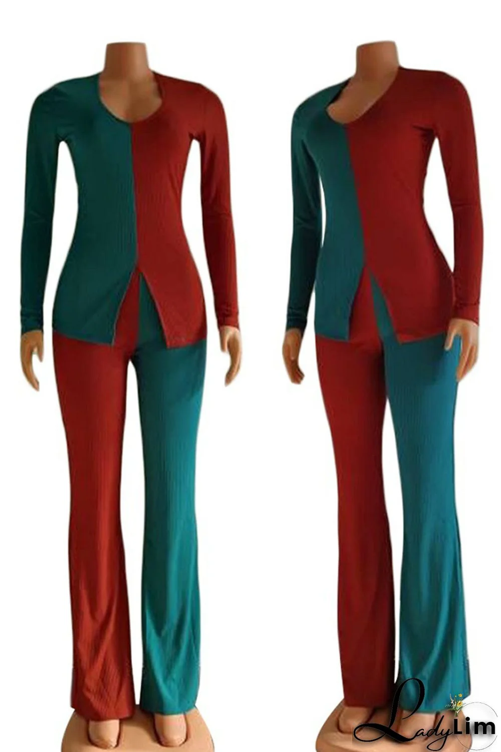 Red Blue Casual Solid Split Joint Slit U Neck Long Sleeve Two Pieces