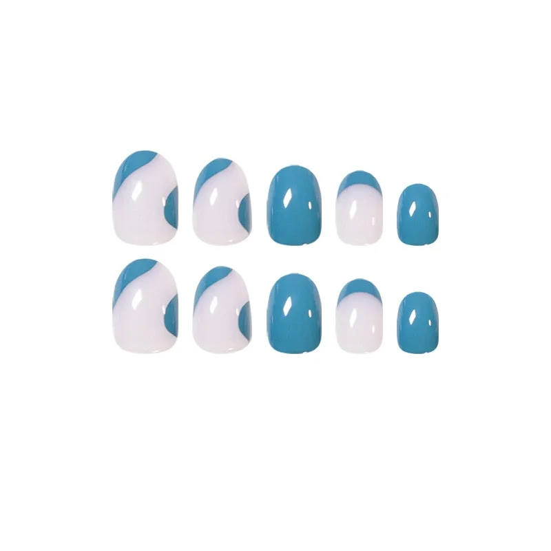 24pcs Almond False Nails Short French Blue Design Artificial Ballerina Fake Nails With Glue Full Cover Nail Tips Press On Nails-Nail Inspo