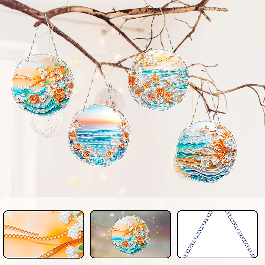 4pcs Beach Flowers DIY 2D Flat Acrylic Diamond Painting Kits Diamond Art Pendant
