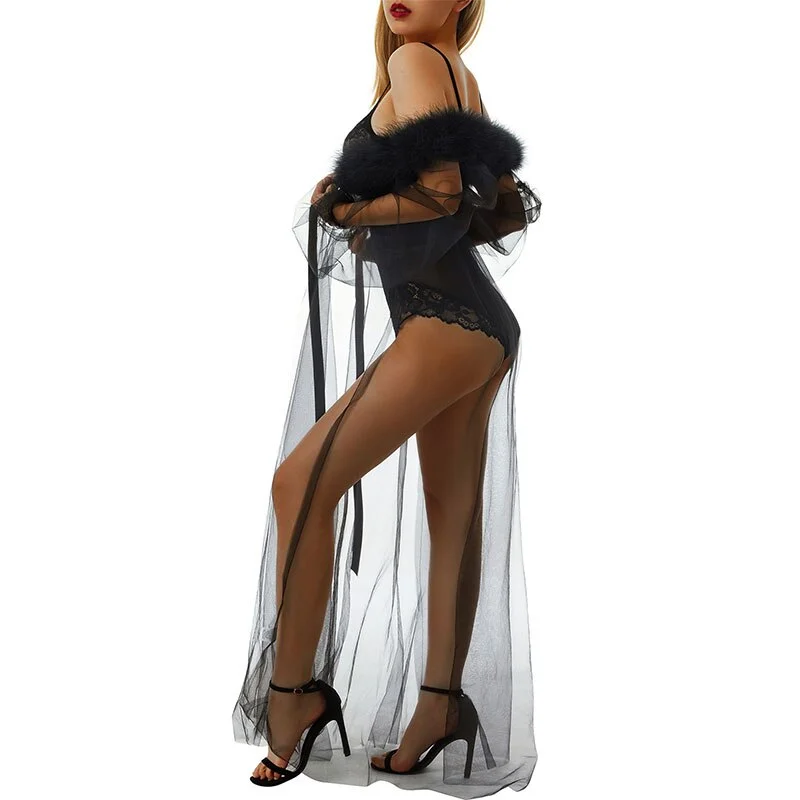 Sexy Women  Lace Sheer Mesh Tulle Perspective V neck layered Ruffles Maxi Floor Long Bath Robe Gown Sleepwear Dresses