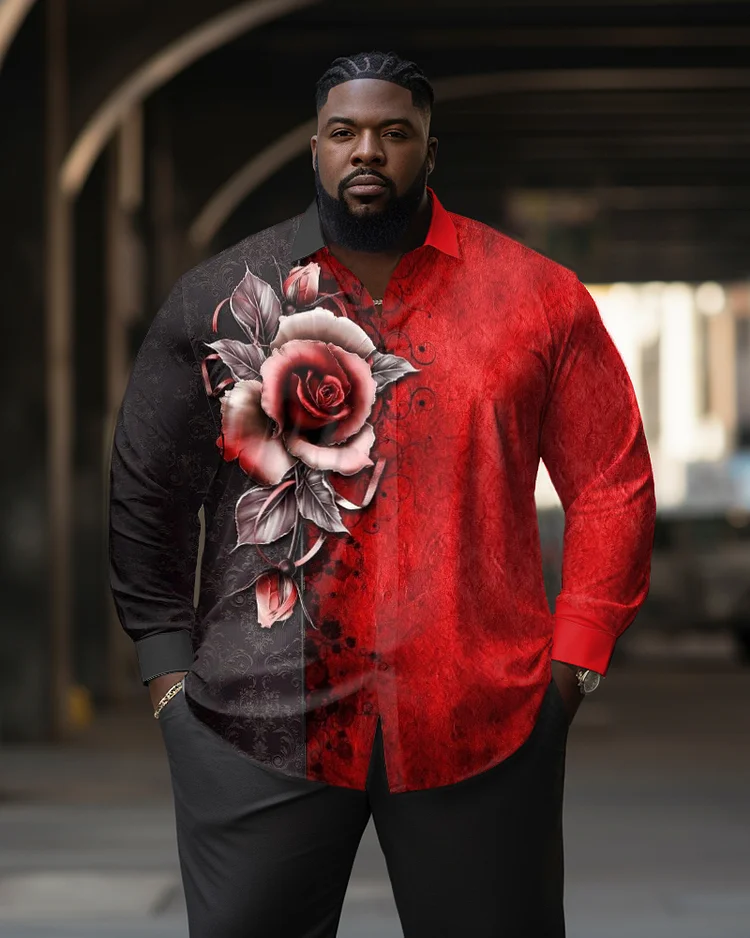 Men's Large Size Rose Colorblock Romantic Unique Lapel Long Sleeve Shirt