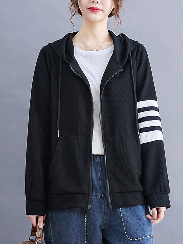 Casual Loose Striped Drawstring Hooded Long Sleeves Outwear