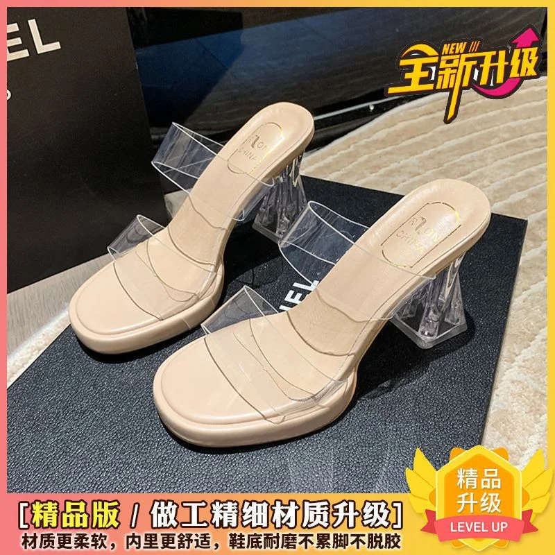 Breakj Breakj On The Thick Background Waterproof Table Transparent Word With High-Heeled Slippers Women Summer Wearing Crystal And Coarse And Cold Slippers