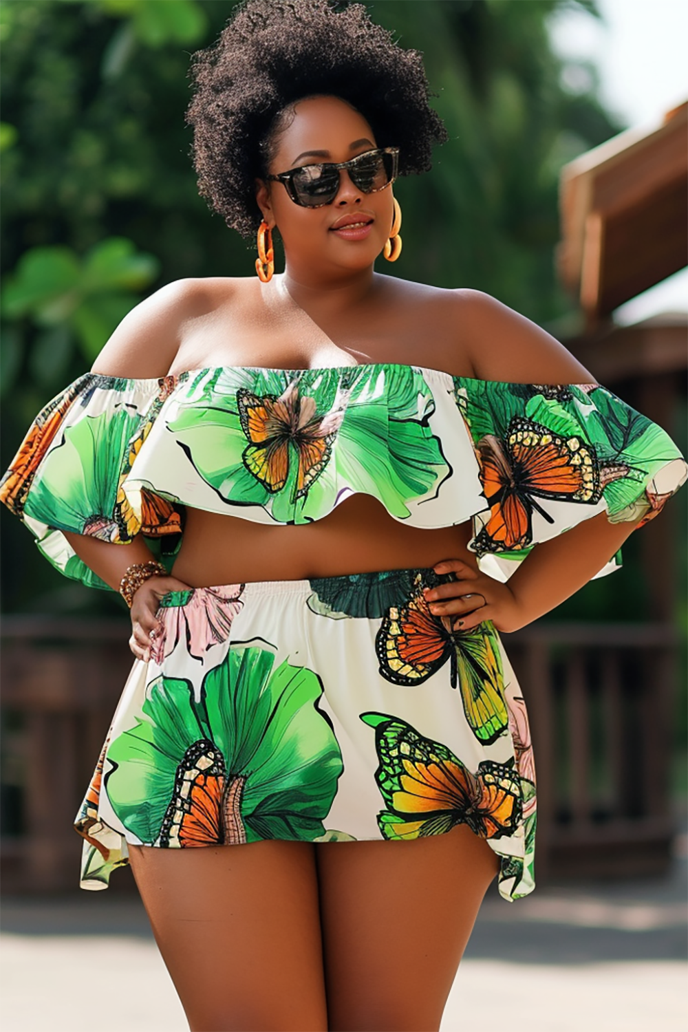 Design Plus Size Beach Green Butterfly Print Off The Shoulder Two Piece Swimsuit [Pre-Order]