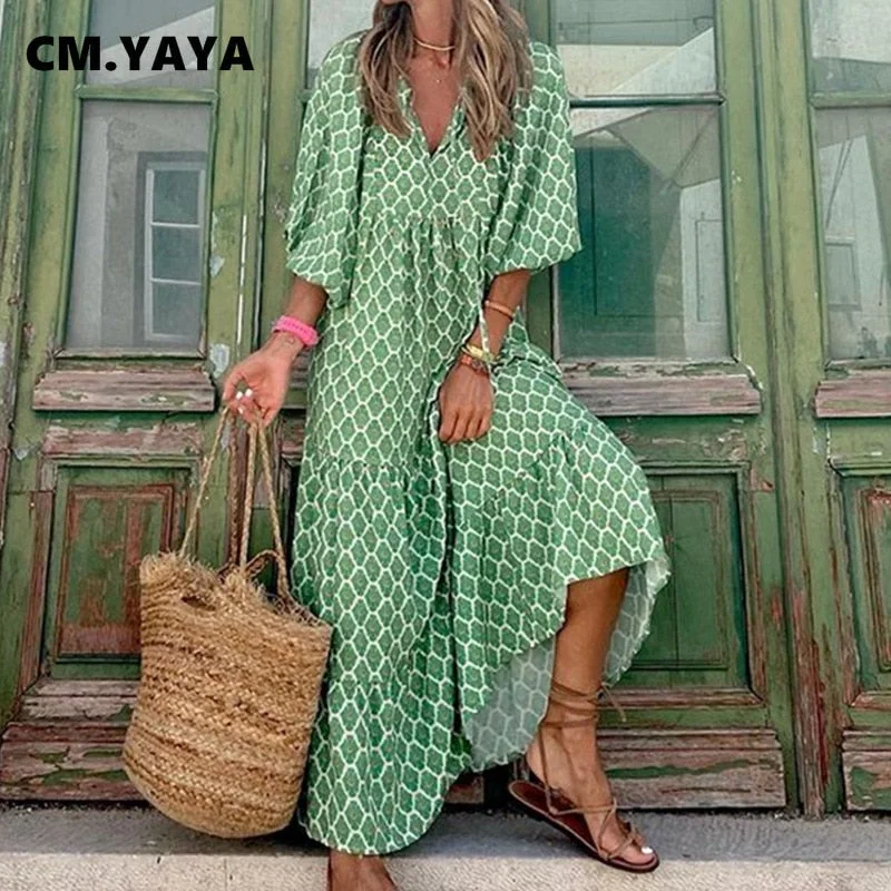 CM.YAYA Women Long Dress Print Half Sleeve V-neck Loose Maxi Dresses Vintage Fashion Vestidos Casual Outfits Autumn 2021