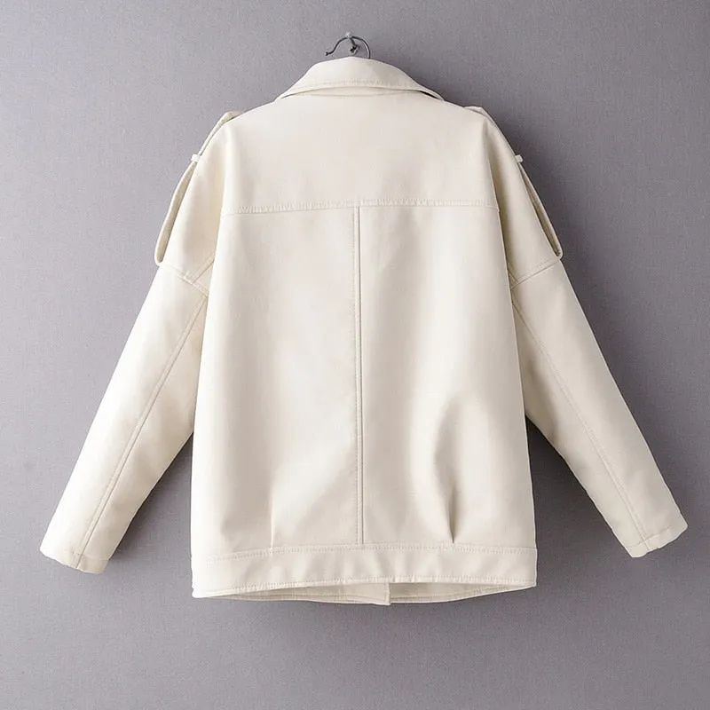 Ailegogo New Spring Autumn Pu Leather Jacket Women Moto Biker Lapel Zipper Beige Warm Faux Soft Leather Coat Loose Outwear