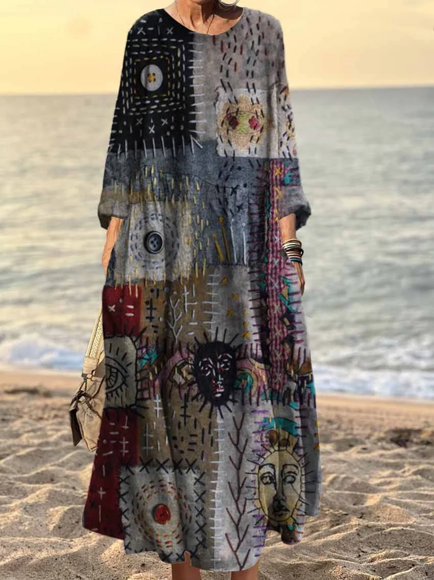 Women's Vintage Patchwork Art Print Pocket Cotton Dress