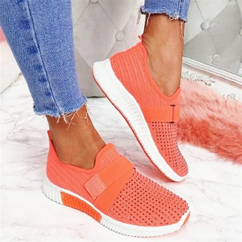 Women Crystal Solid Mesh Sneakers Summer Casual Breathable Flat Sport Shoes Ladies Plus Size Fashion Velcro Vulcanized Shoes