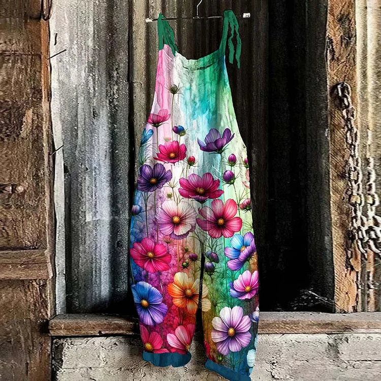 Vintage Gorgeous Rainbow Flowers Graphic Casual Loose Jumpsuit