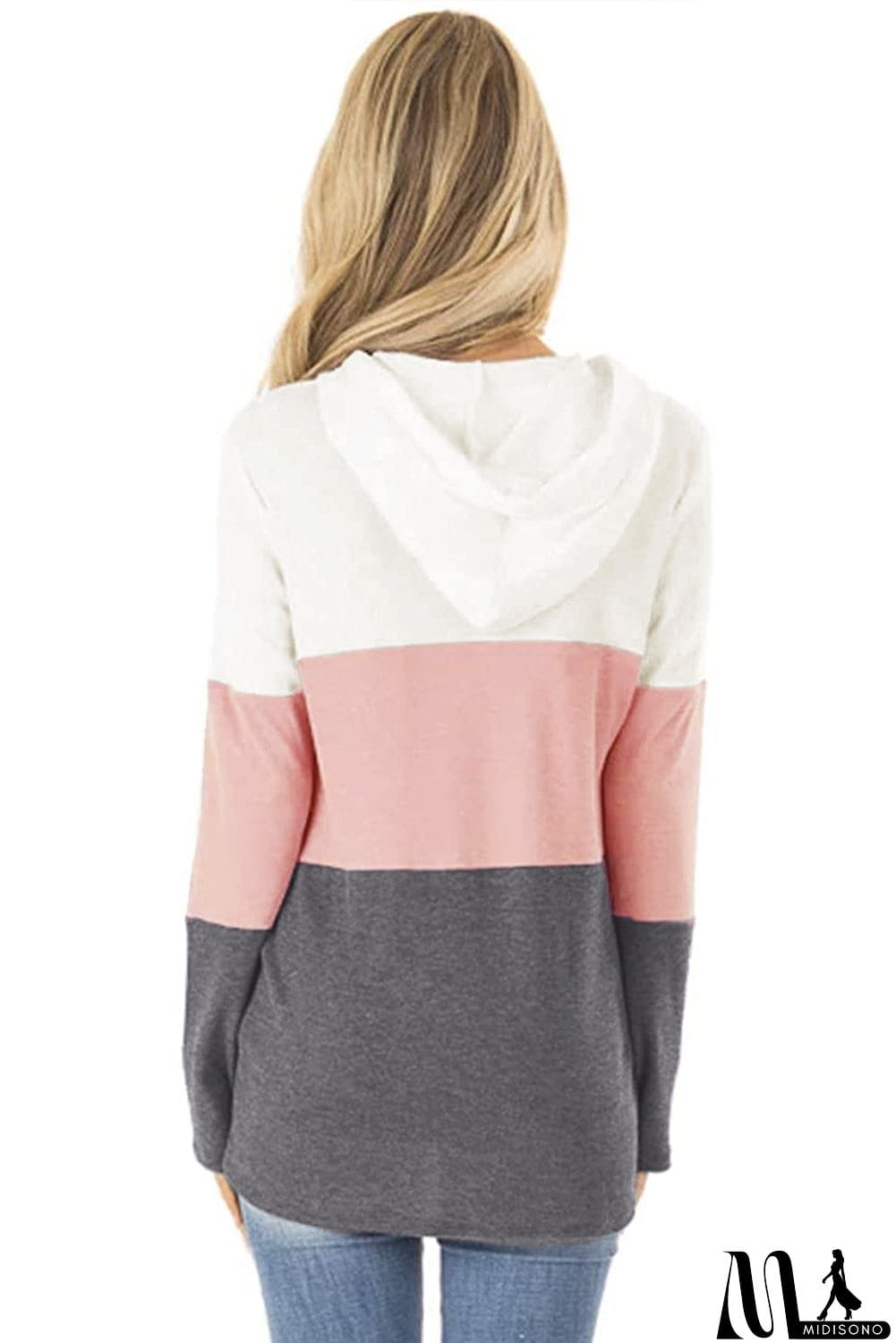 MidiSono - Color Block Long Sleeve Drawstring Hoodie