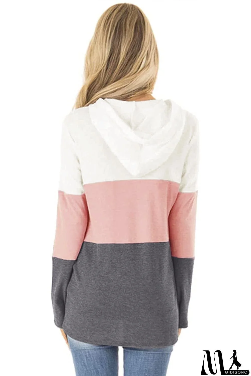 MidiSono - Color Block Long Sleeve Drawstring Hoodie