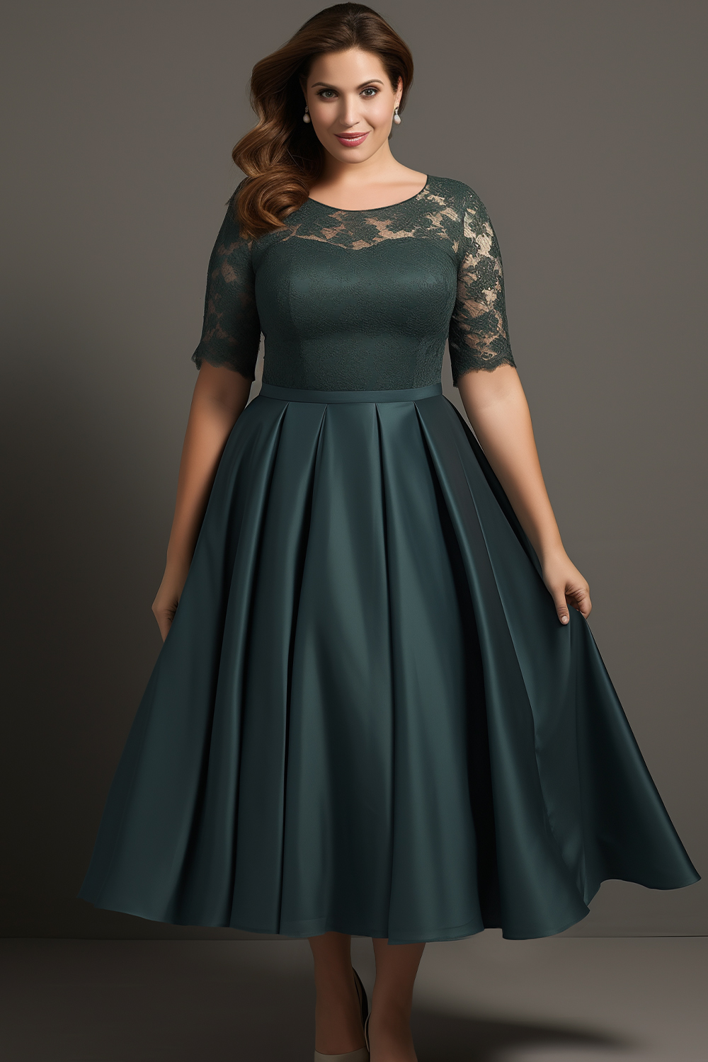 Flycurvy Plus Size Wedding Guest Dark Green Satin Lace 3/4 Sleeve Tea-Length Dress