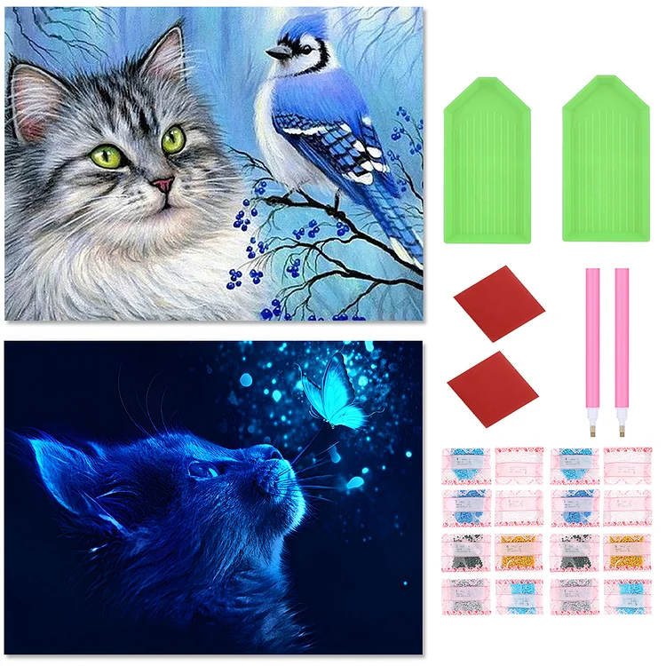 2Pcs Cat - Full Round Drill Diamond Painting - 40*30CM(Canvas)