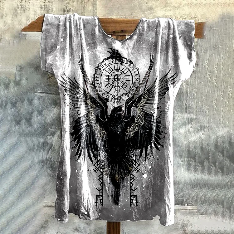 Wearshes Retro Viking CrowTotem Print Washed T-Shirt