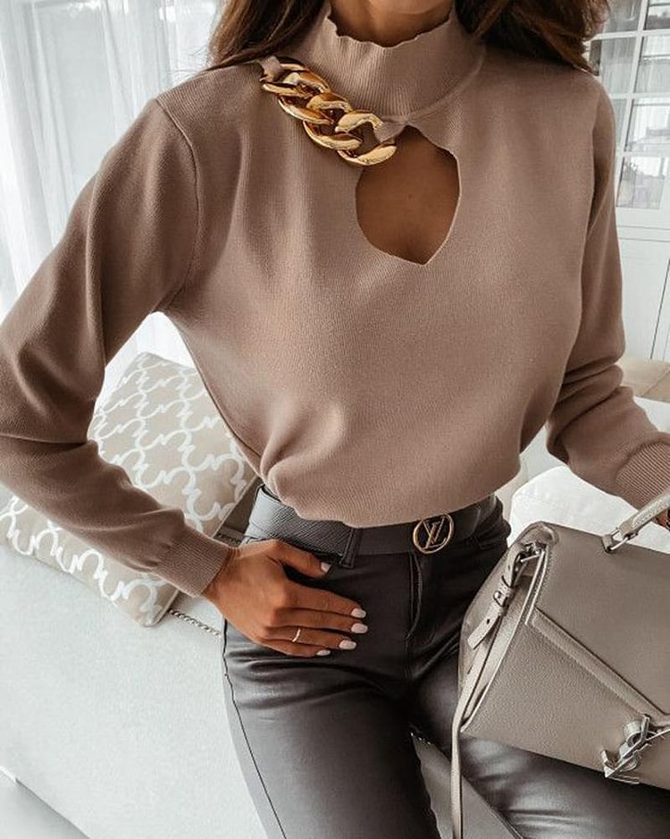 Chain Linked Keyhole Front Stand Collar Sweater - Shop Trendy Women's Clothing | LoverChic