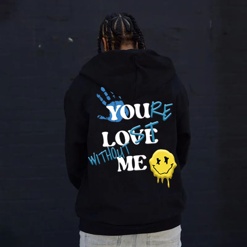 Men's Letter Print Street Long Sleeve Fleece-Lined Hoodie