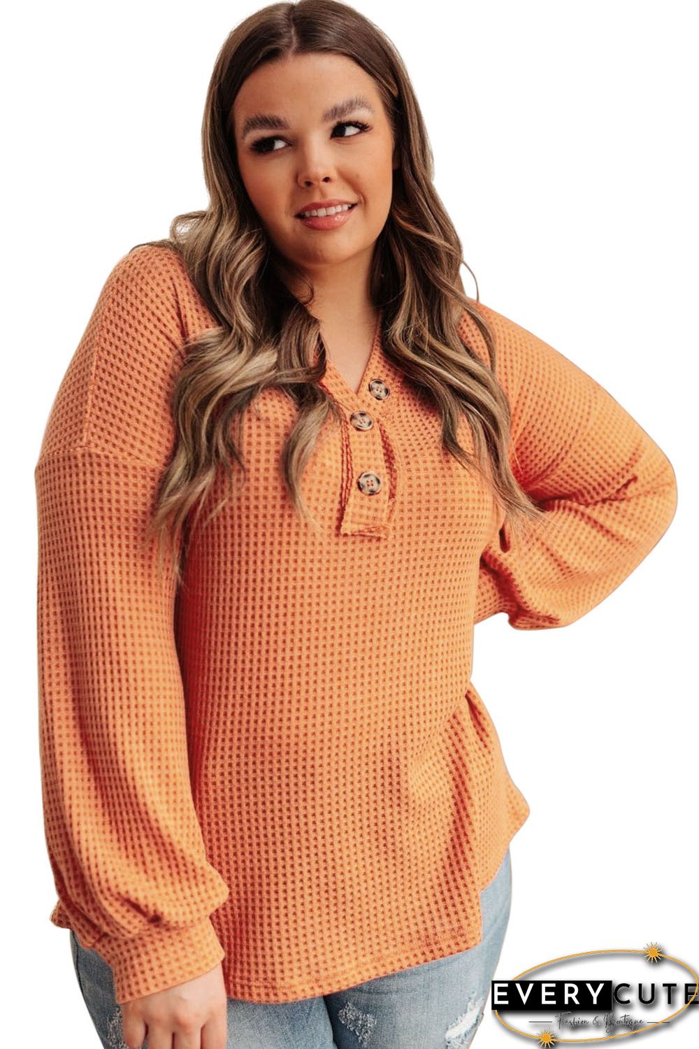 Orange Buttoned V Neck Waffle Knit Plus Size Top