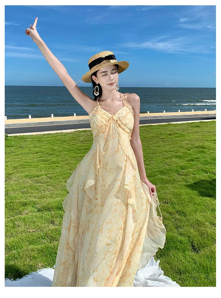 Zingj Zingj Summer Vacation Gentle Yellow Tune Dyed Flowers With Neck Flounce Print Skirt Beach Skirt