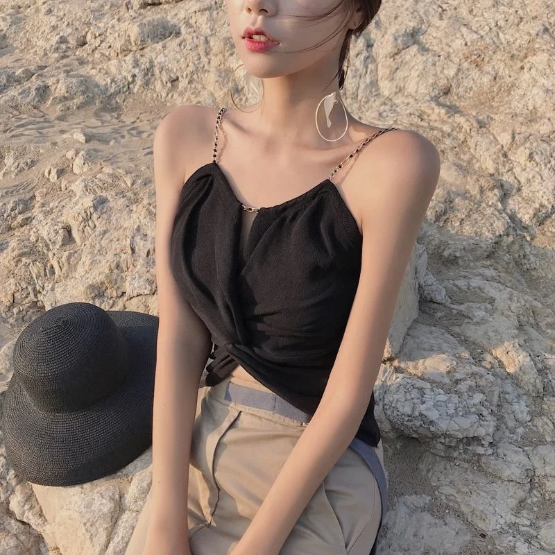 Uveng Uveng Vest Female Sense Summer New Korean Version Of The Kinking Chain Personality Knitted Sling Shirt Repair Umbilled