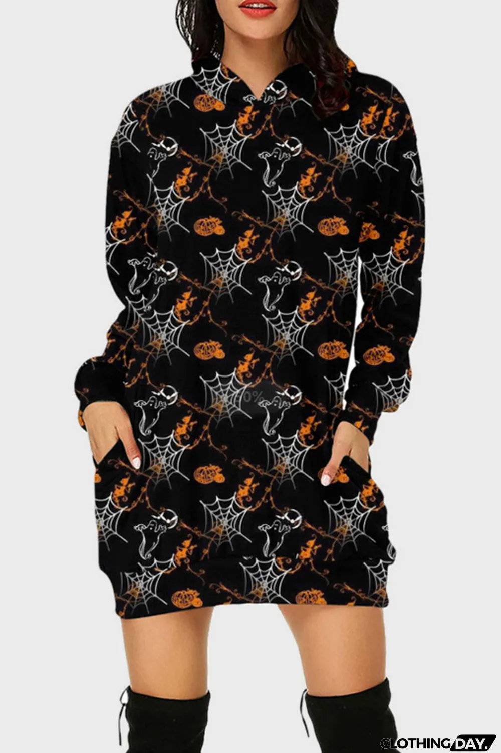 Black Street Print Split Joint Hooded Collar Long Sleeve Dresses