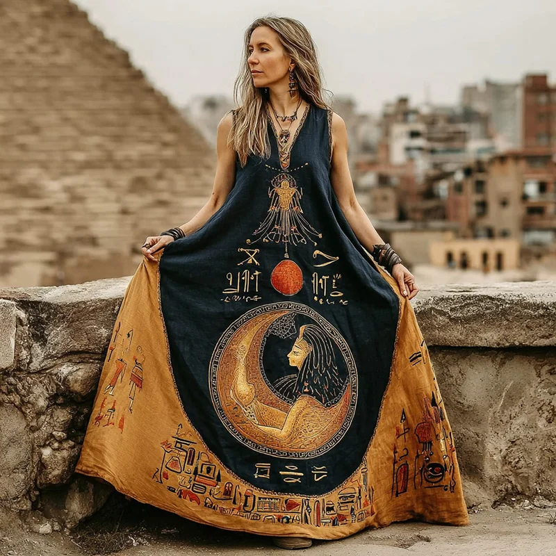 Women's Vintage Egyptian Tribal Art Sleeveless Dress