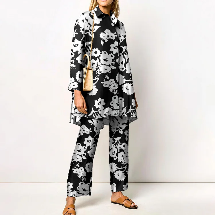 Causal Floral Silhouette Print Two Piece Set