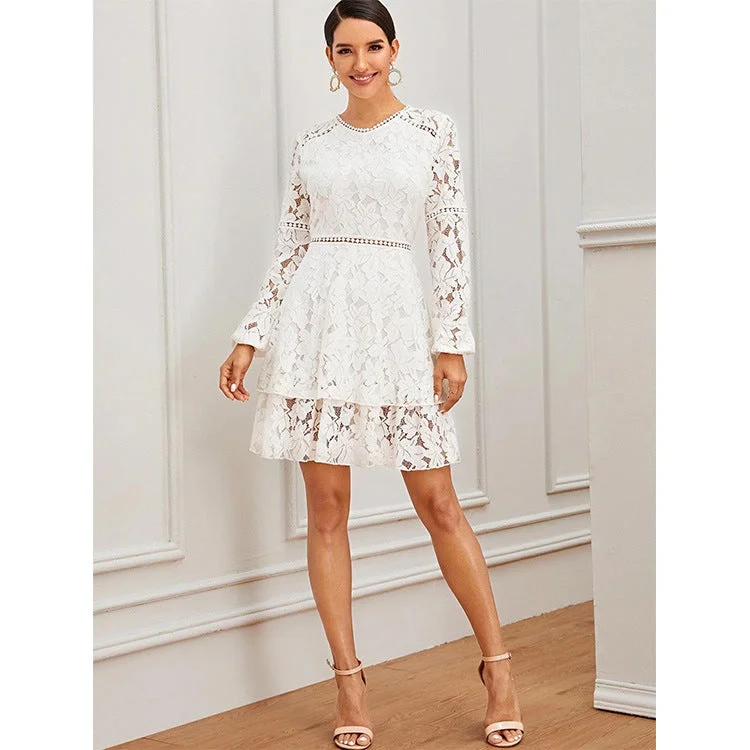 Uveng Women's Lace Mid Waist Slim Fit Temperament Commute White Short Skirt