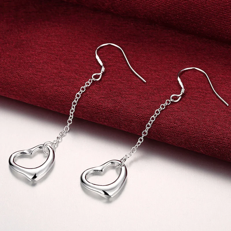 DOTEFFIL 925 Sterling Silver Heart Long Drop Earrings For Woman Jewelry