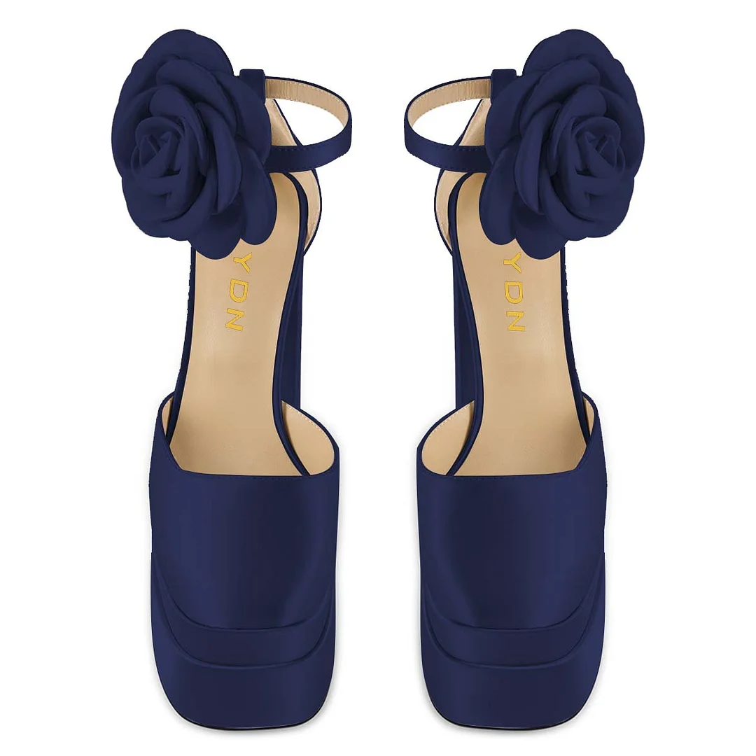 YDN Chic Navy Satin Square Toe Flower Ankle Strap Platform Heels