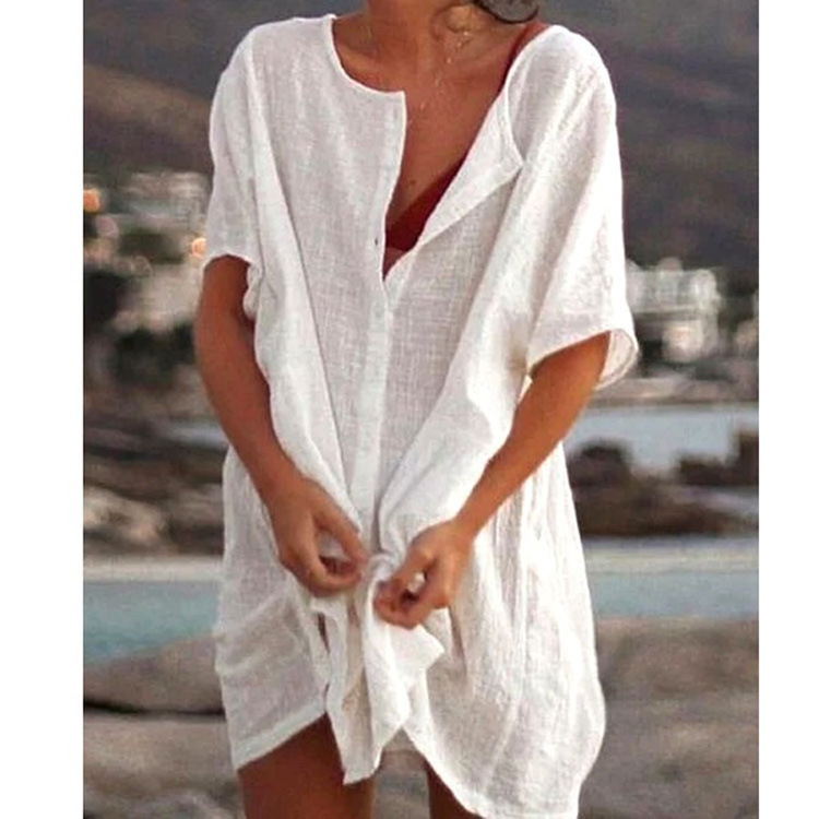  thdmladies Mid-Length Loose Solid Color Short-Sleeved Shirt thedmladies