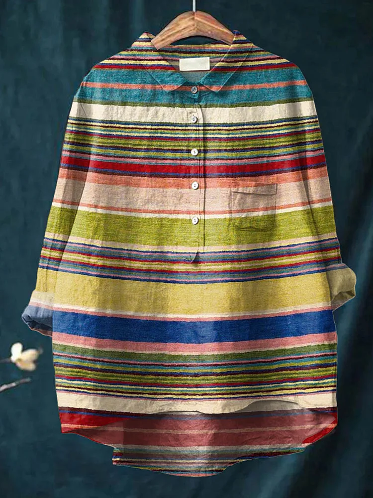 Women s Retro Art Stripe Pattern Casual Cotton And Linen Shirt