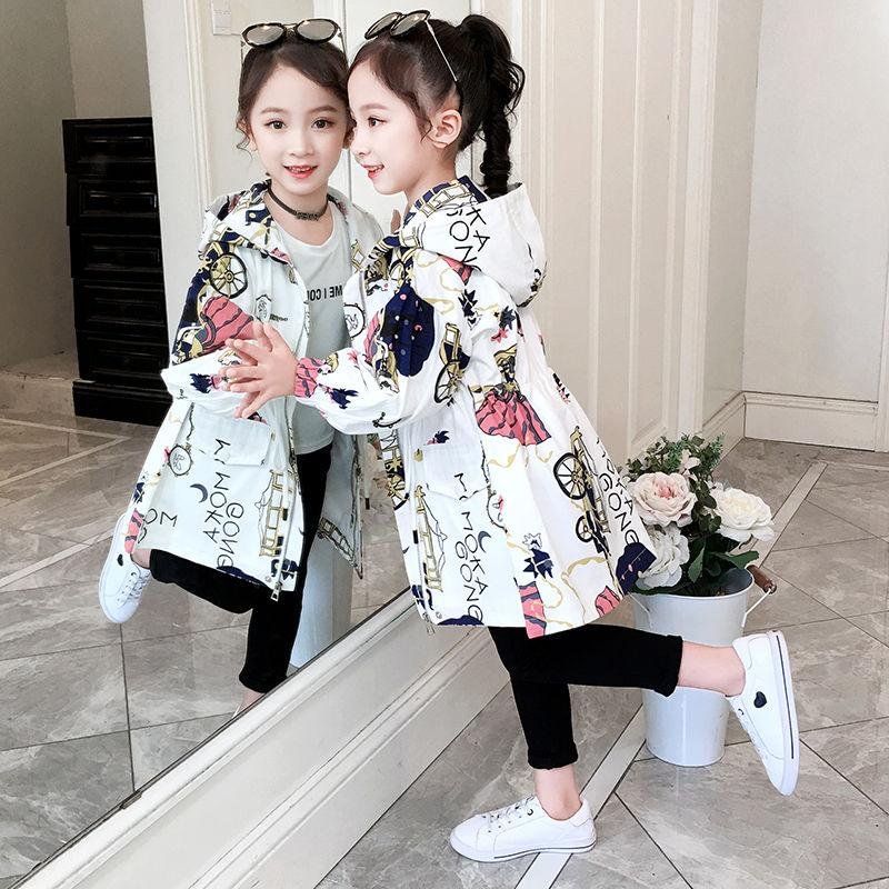 INS HOT Baby Girls windbreaker 4-13 years old spring and autumn clothing Cartoon print hooded children's long trench coat