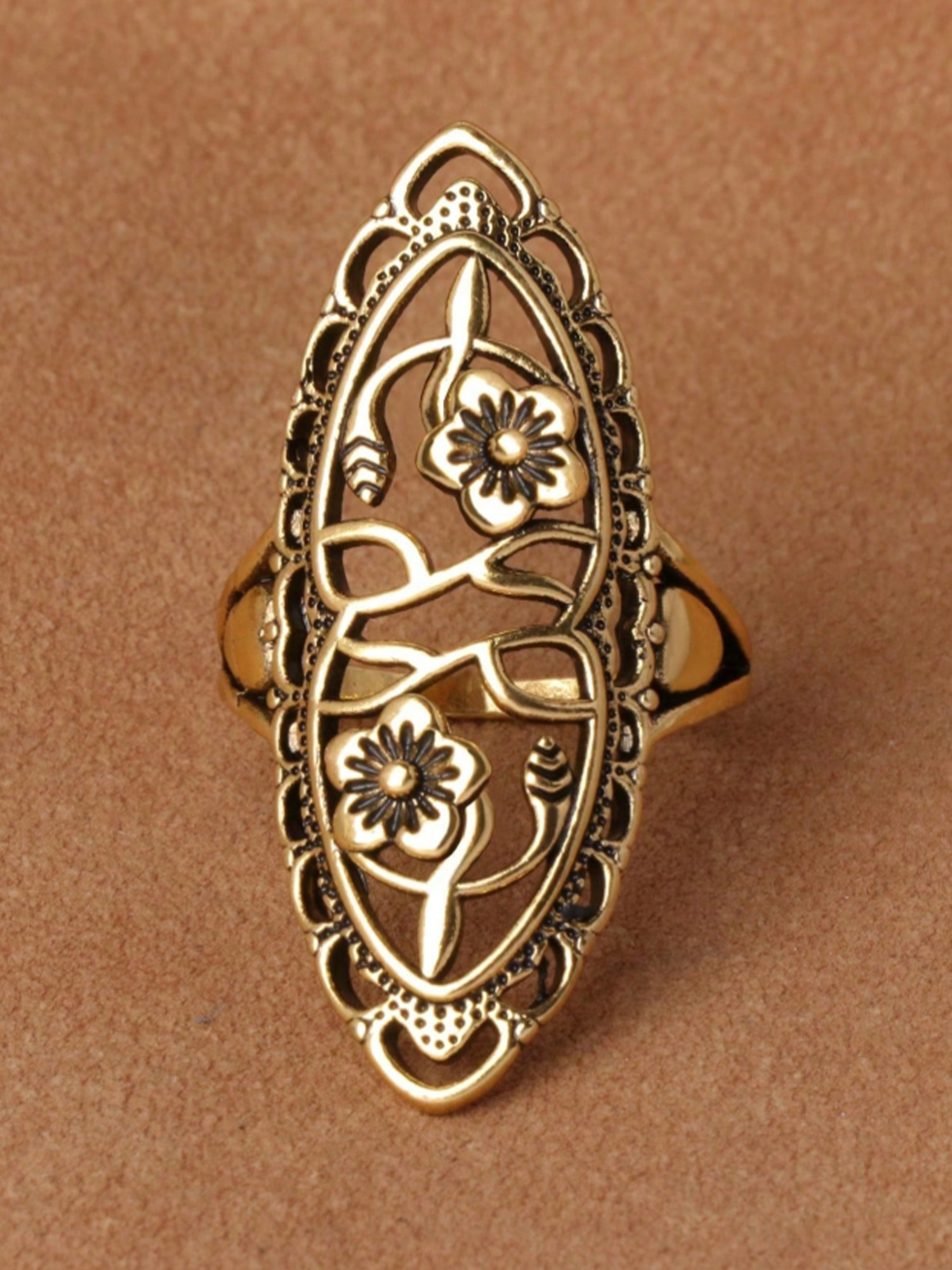 Ideal For Sunset Shoots &mdash; Antique Gold Heavy Hollow Floral Relief & Vintage Elongated Shield Silhouette Premium Alloy Statement Boho Ring