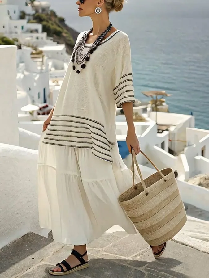 Women's Resort Round Neck Striped Ruffle Skirt Set 