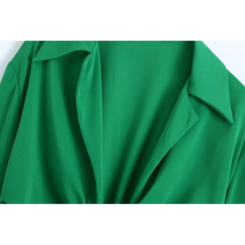 SLMD Stylish Chic Green Knot Cropped Blouses Women 2021 Fashion Sexy V-Neck Long Sleeve Shirts Female Casual Tops