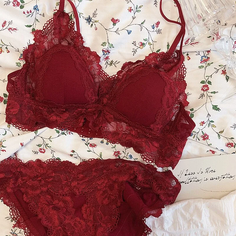 Wriufred Retro Sexy Cotton Combination Lace Edge Triangle Cup Underwear Set Comfortable Thin Bra Wire Free Women's Lingerie
