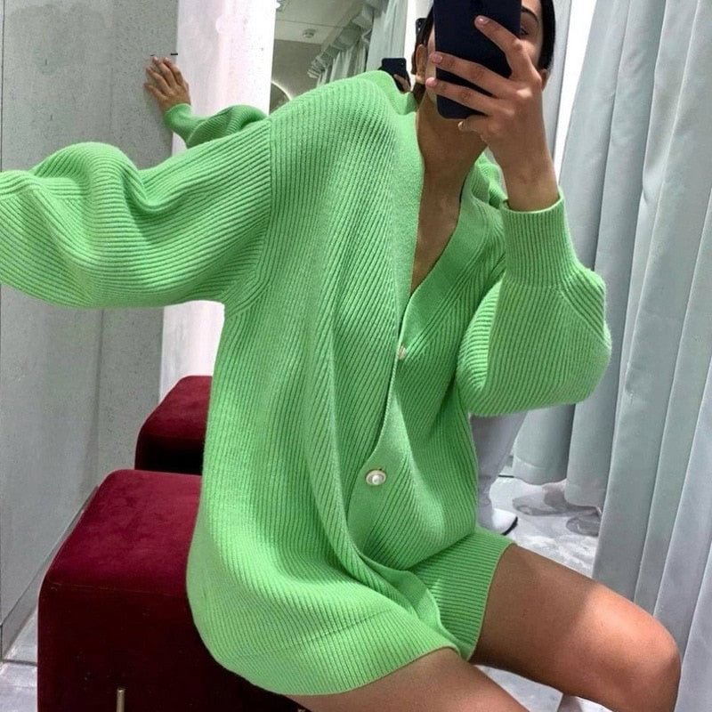 Casual V-Neck Single Breasted Sweater Woman Lantern Sleeve Pearl Button Solid Loose Cardigan2021 New Fashion Womens Jacket