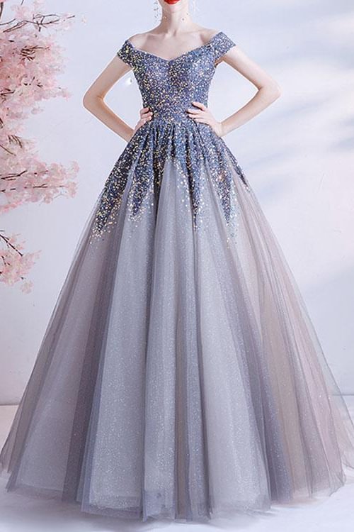 Daisda Gorgeous Off-The-Shoulder Long Ball Grown Prom Dress With Sweetheart Sequins Daisda